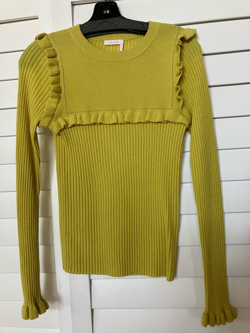 See By Chloe Ribbed Ruffle-Trim Long Sleeve Top - Yellow Green